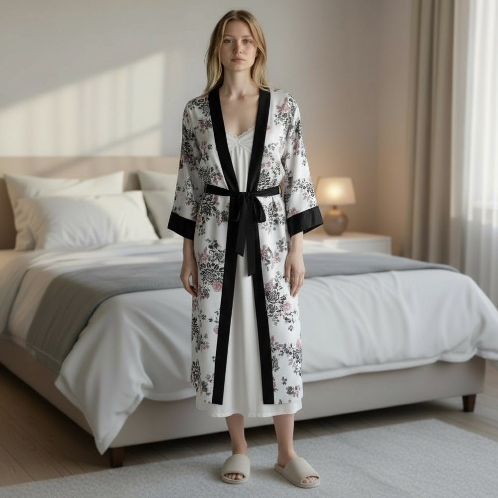 Morgan Taylor White Satin Floral Print Black Velvet Trim Long Sleeve Maxi Robe